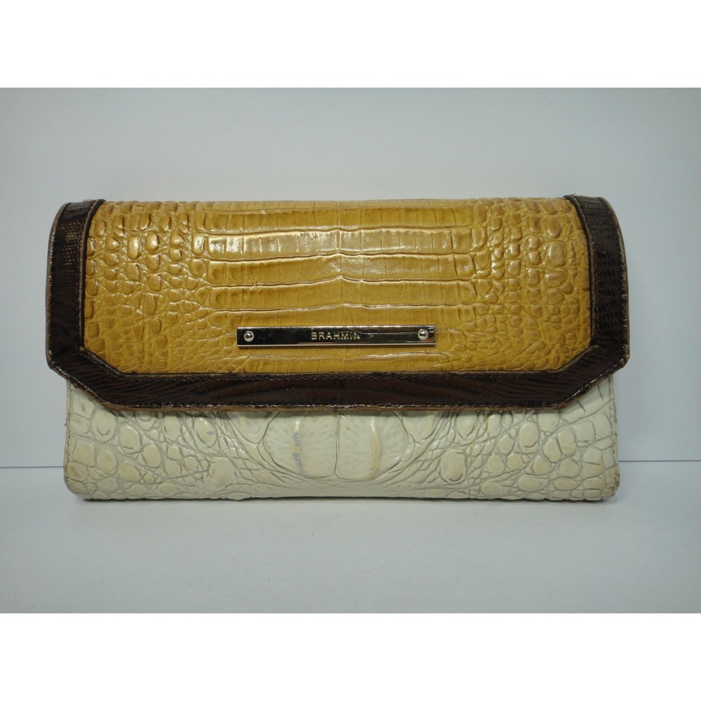 Brahmin Soft Checkbook Wallet Toasted Almond Bengal Crocodile Embossed Tri-Fold
